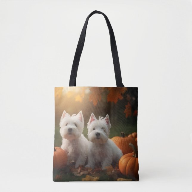 West Highland White Terrier Puppy Autumn Pumpkin Tote Bag (Front)