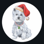 West Highland White Terrier Santa Claus Classic Round Sticker<br><div class="desc">Westie is out in the crisp evening - waiting for Santa.  Do you hear sleighbells? Westie loves being Santa's Helper when it comes to handing out the gifts on Christmas!  It is very easy to tell which ones contain dog treats!!  Let Westie be your partner with this Christmas design!</div>