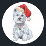 West Highland White Terrier Santa Claus Classic Round Sticker<br><div class="desc">Westie is out in the crisp evening - waiting for Santa.  Do you hear sleighbells? Westie loves being Santa's Helper when it comes to handing out the gifts on Christmas!  It is very easy to tell which ones contain dog treats!!  Let Westie be your partner with this Christmas design!</div>