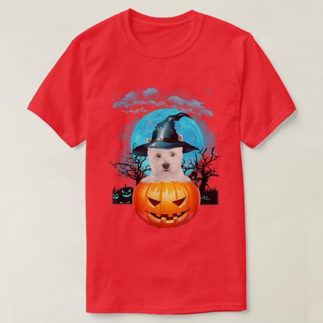 West Highland White Terrier Witch Pumpkin And Blue T-Shirt (Design Front)
