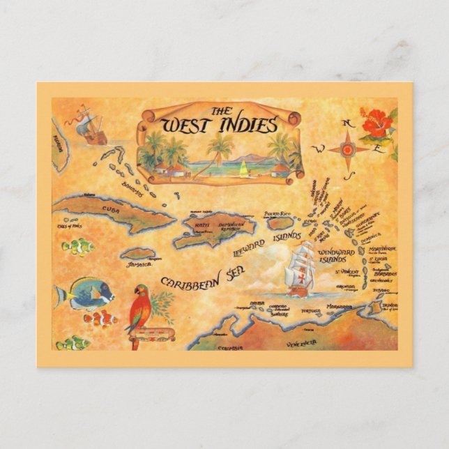 West Indies Caribbean Islands Map Can Cooler Postcard (Front)