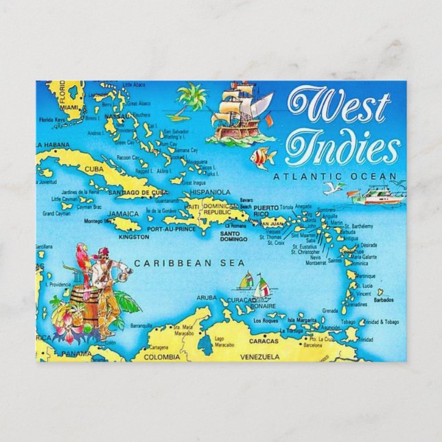 West Indies Islands Map Postcard (Front)