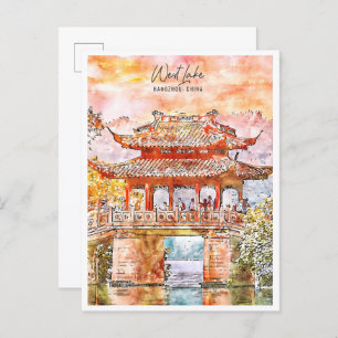 West Lake Hangzhou China vintage travel watercolor Postcard