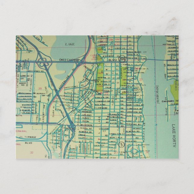 West Palm Beach, FL Vintage Map Postcard (Front)