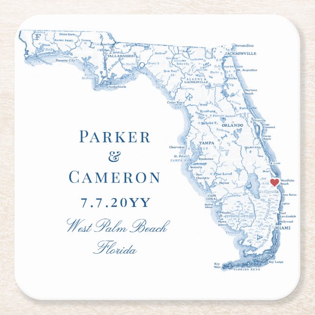 West Palm Beach Florida Map Elegant Wedding  Square Paper Coaster (Front)