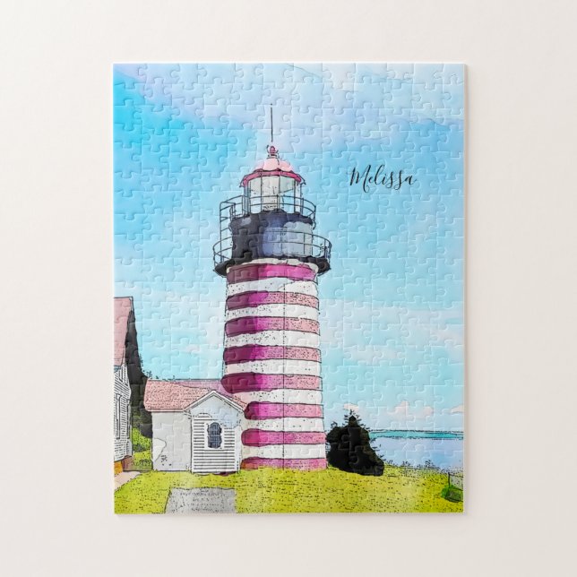 West Quoddy Lubec Maine Lighthouse Watercolor Jigsaw Puzzle (Vertical)