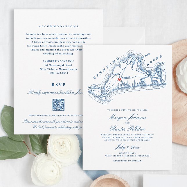 West Tisbury MA All-in-One Blue QR Code Wedding Invitation (West Tisbury Wedding All-in-one QR code Invitation for an elegant Blue Martha's Vineyard Wedding)