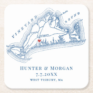 West Tisbury Map Blue Wedding Favour Square Paper Coaster