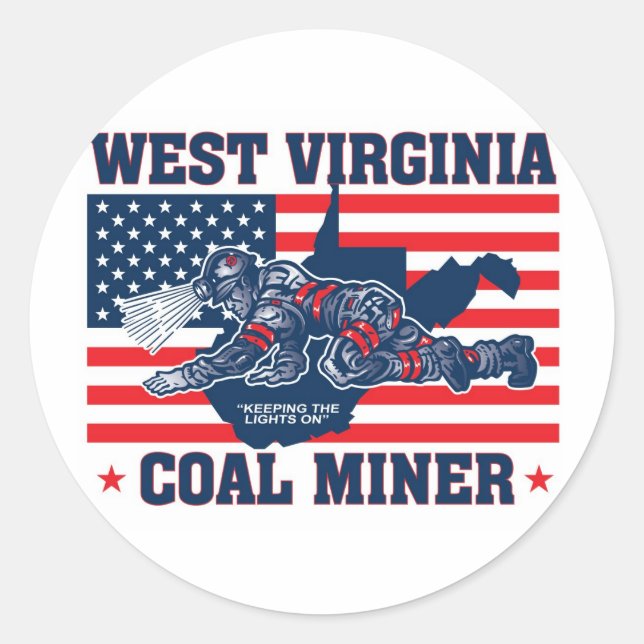WEST VIRGINIA COAL MINER RED WHITE AND BLUE CLASSIC ROUND STICKER (Front)
