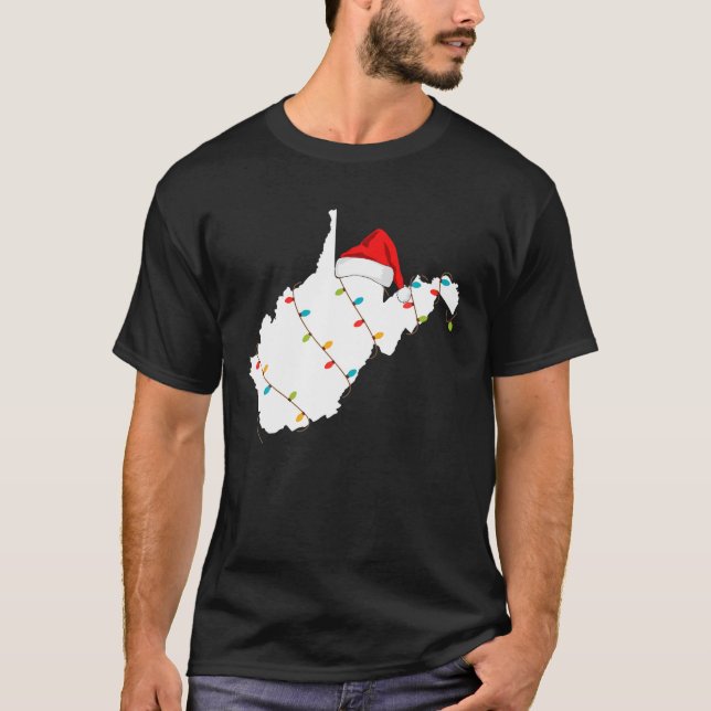 West Virginia Map Christmas With Santa Hat T-Shirt (Front)