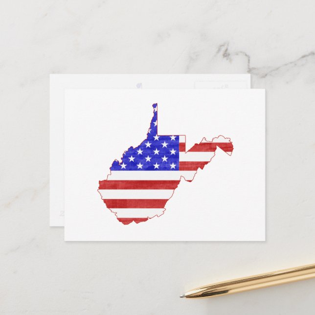 West Virginia Map Shaped Patriotic American Flag Postcard (Front/Back In Situ)