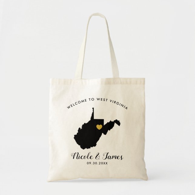 West Virginia Map Wedding Welcome Bag Black, Gold (Front)