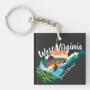 West Virginia Mountain State Reel Fishing Sports Key Ring