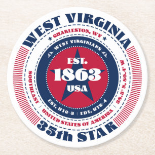 West Virginia Red White Blue Typography Round Paper Coaster