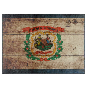 West Virginia State Flag on Old Wood Grain Cutting Board