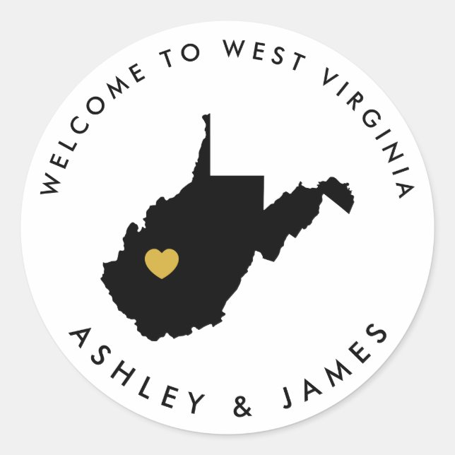 West Virginia Wedding Welcome Sticker Tag, Gold (Front)