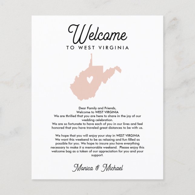WEST VIRGINIA Welcome  Letter Itinerary ANY COLOR (Front)