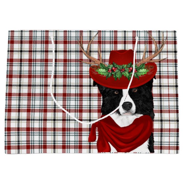 Wester Plaid and Border Collie Dog Lover Holiday Large Gift Bag (Front)