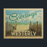 Westerly Beach Vintage Travel Postcard<br><div class="desc">This Greetings From Westerly vintage postcard design features a sandy beach with a beautiful turquoise ocean water and above the sea,  a blue sky with billowy white clouds. In vintage travels style.</div>