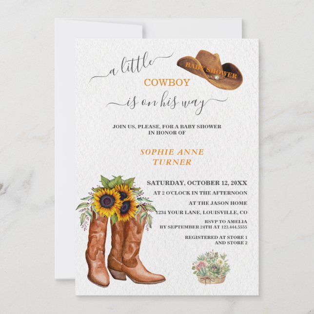 Western A Little Cowboy Boots Baby Shower Invitation (Front)
