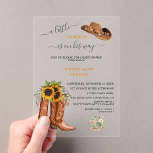 Western A Little Cowboy Boots Boy Baby Shower  Acrylic Invitations
