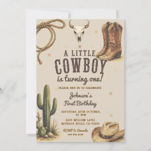 Western A Little Cowboy is Turning One Birthday Invitation