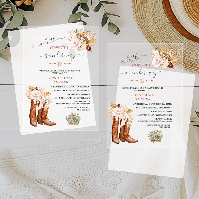 Western A Little Cowgirl Floral Boots Baby Shower Acrylic Invitations (Creator Uploaded)