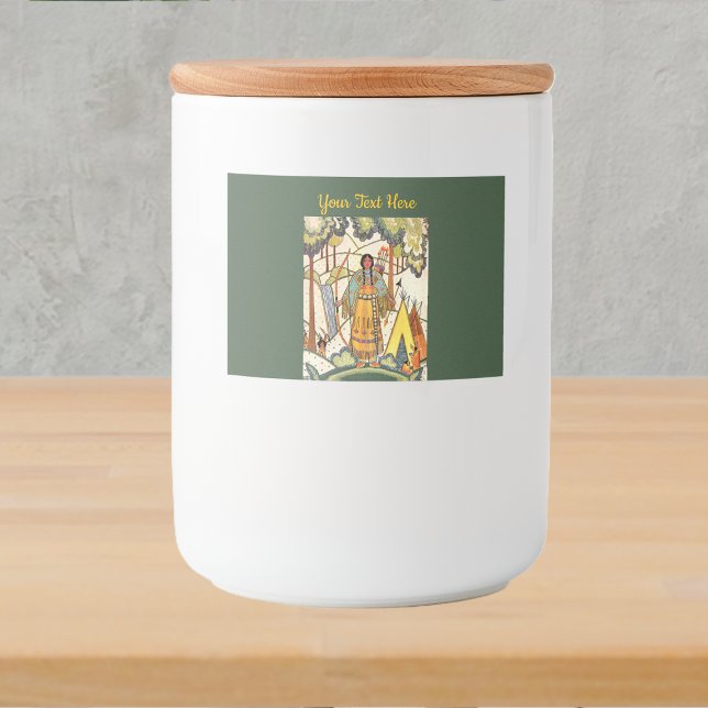 Western American Indian Lady Woods Dark Green Food Label (Western American Indian lady embroidery texture in woods waterfall tepee on green food jar label.)