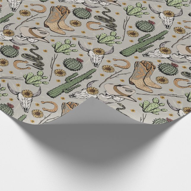 Western Americana Laughing Cowboy Skull and Cactus Wrapping Paper (Corner)