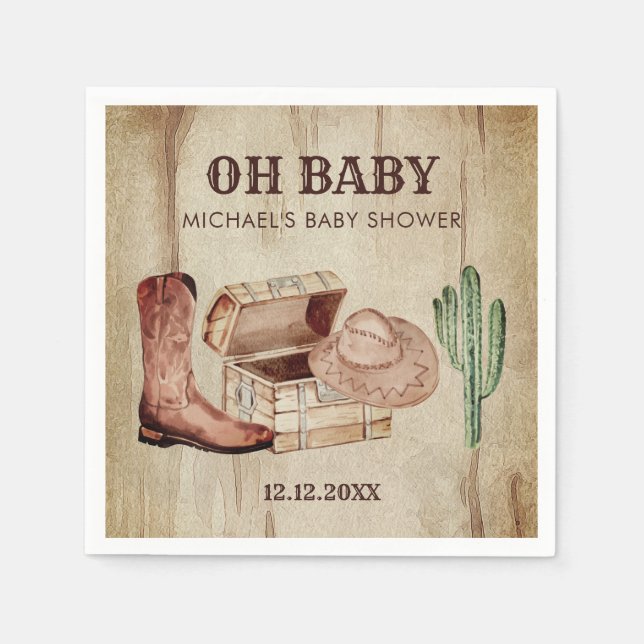 Western Baby Boy Cowboy Hat Cactus Celebration Napkin (Front)
