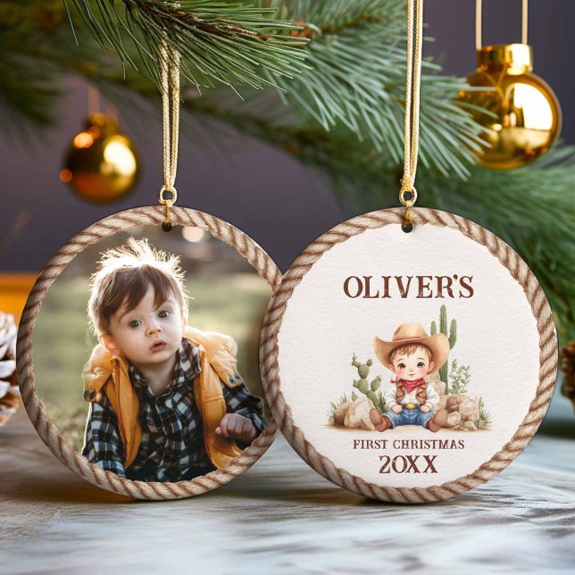 Western Baby Boy First Christmas Photo Ornament (Western Baby Boy Photo Christmas Ornament)