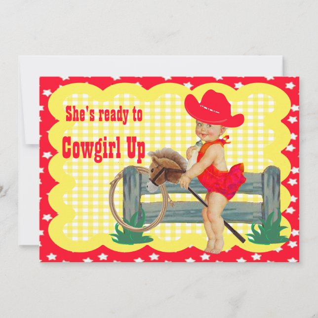 Western Baby Cowgirl On Stick Horse Party Invite (Front)