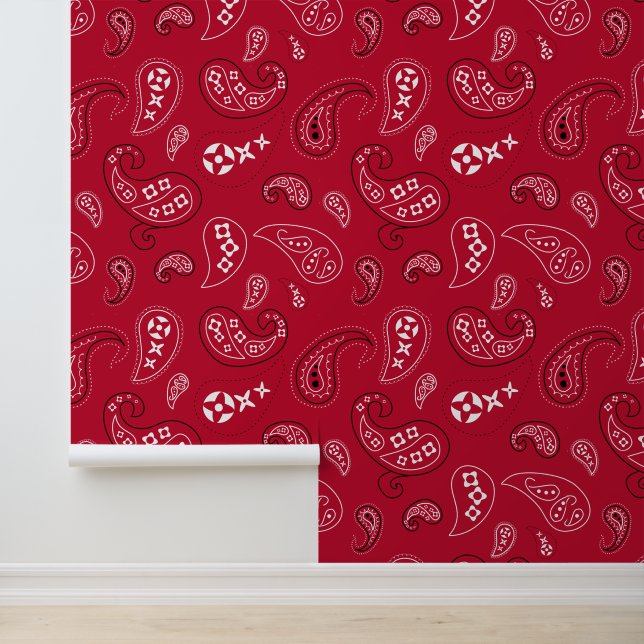 Western Bandanna Paisley Pattern Bright Red Wallpaper (Application)