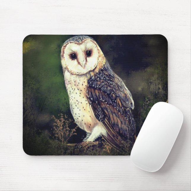 Western Barn Owl - Migned Painting Mouse Mat (With Mouse)