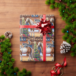 Western Barn Racoon And Horse by Christmas Tree Wrapping Paper