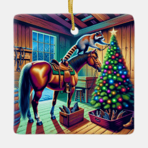 Western Barn Racoon Decorating Christmas Tree Ceramic Ornament
