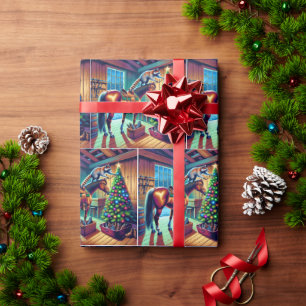 Western Barn Racoon Decorating Christmas Tree Wrapping Paper