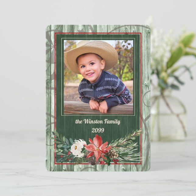 Western Barn Wood Christmas Themed Photo Holiday Card (Standing Front)