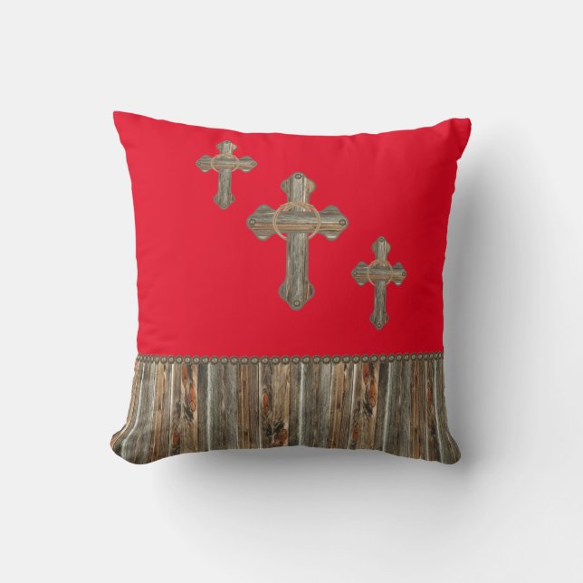 Western Barn Wood Crosses With Lassos And Conchos Cushion (Front)