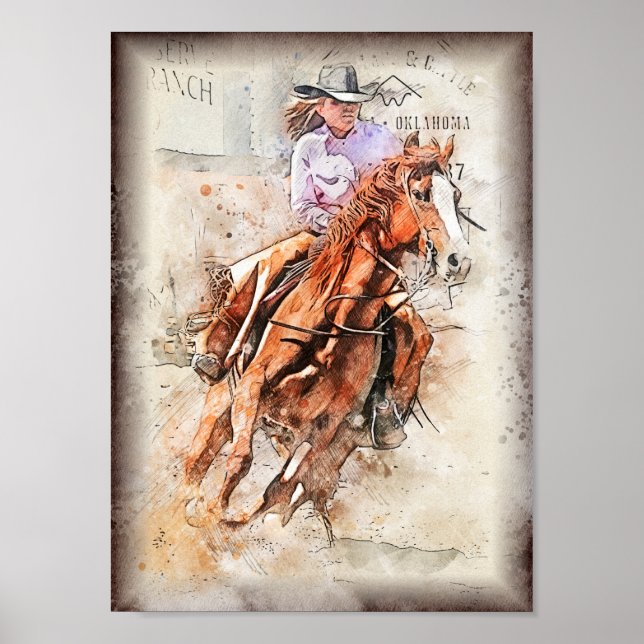 Western Barrel Racing Cowgirl Decoupage Print (Front)