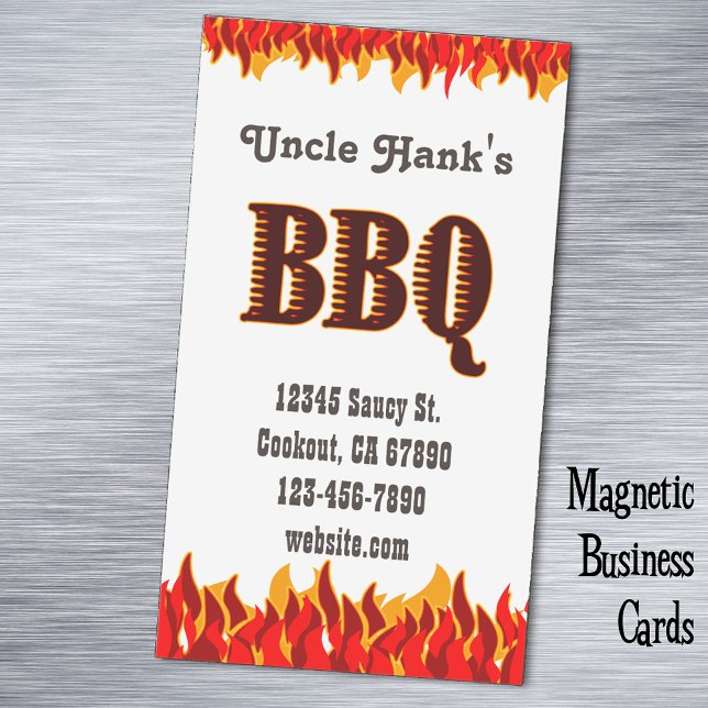 Western BBQ Restaurant Custom Magnetic Card (Red Flames Western BBQ  custom magnetic business card)