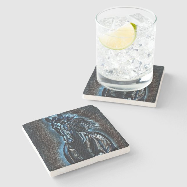 Western Beauty Wild Mustang Blue Tones Stone Coaster (Side)