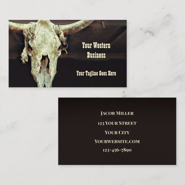 Western Beige Brown Rustic Bull Cow Skull Barn Business Card (Front/Back)