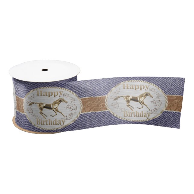 Western Belt And Belt Buckle On Denim Print 3" Satin Ribbon (Spool)