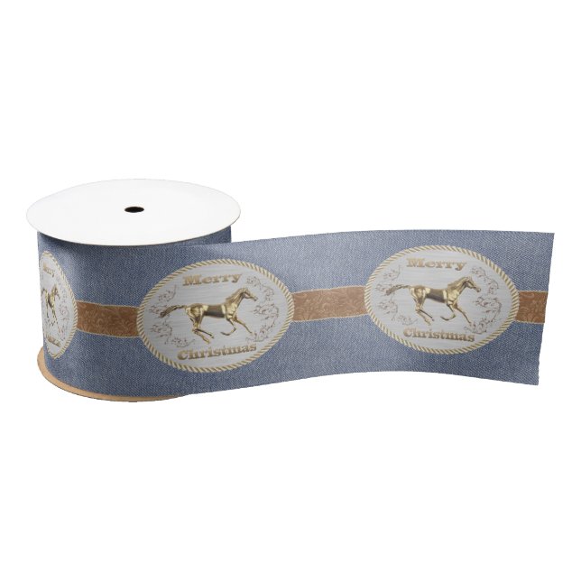 Western Belt And Belt Buckle On Denim Print Satin Ribbon (Spool)