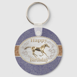Western Belt And Buckle On Denim Happy Birthday Key Ring