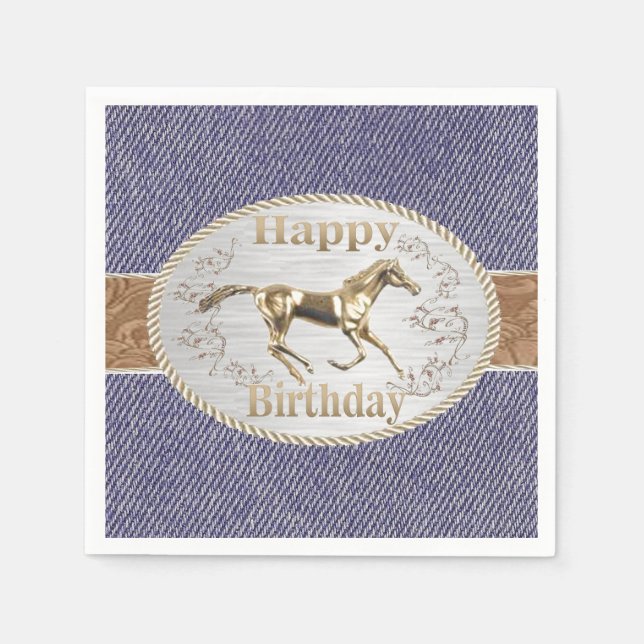 Western Belt and Buckle On Denim Happy Birthday Napkin (Front)