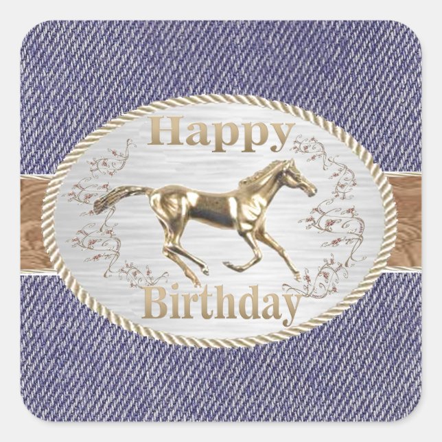 Western Belt And Buckle On Denim Happy Birthday Square Sticker (Front)