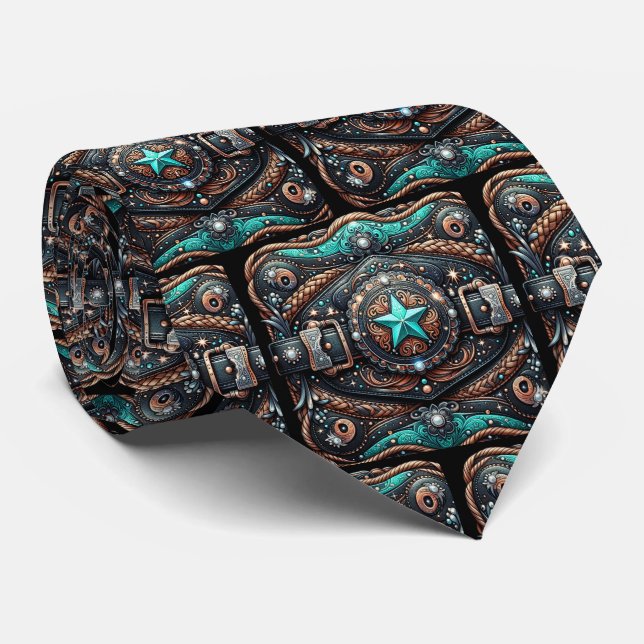 Western Belt Buckle Shape Turquoise Black Tie (Rolled)