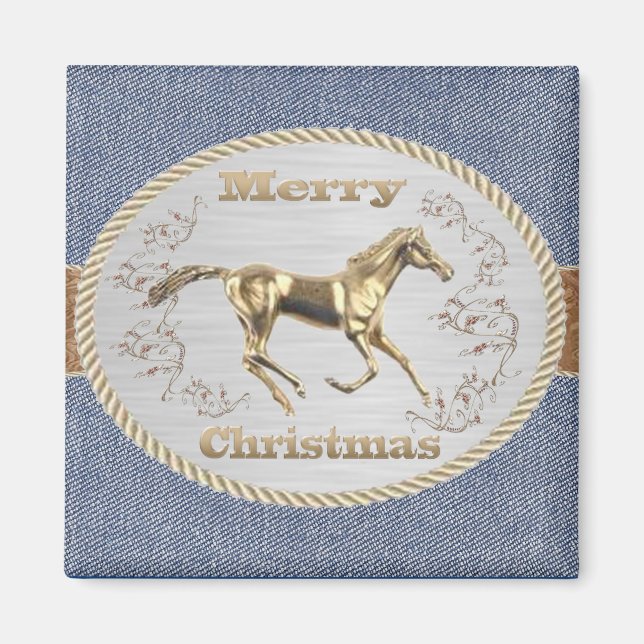 Western Belt Buckle With Horse and Merry Christmas Magnet (Front)